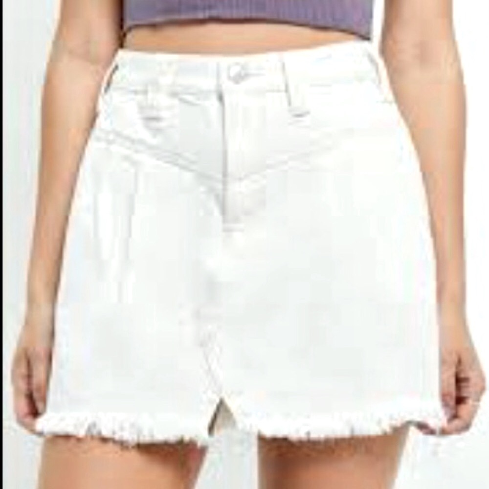 FREE PEOPLE White Clay Denim Skirt, fringe hemline, Sz 30, NEW w/ Tags